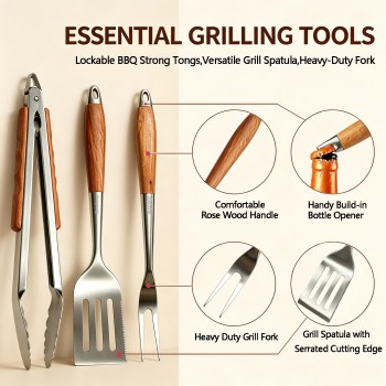 BooJoop 15 Pcs BBQ Tools Set, 17" Heavy Duty Stainless Steel&Rose Wooden Handle Grilling Accessories Grill Tongs&Spatula&Fork