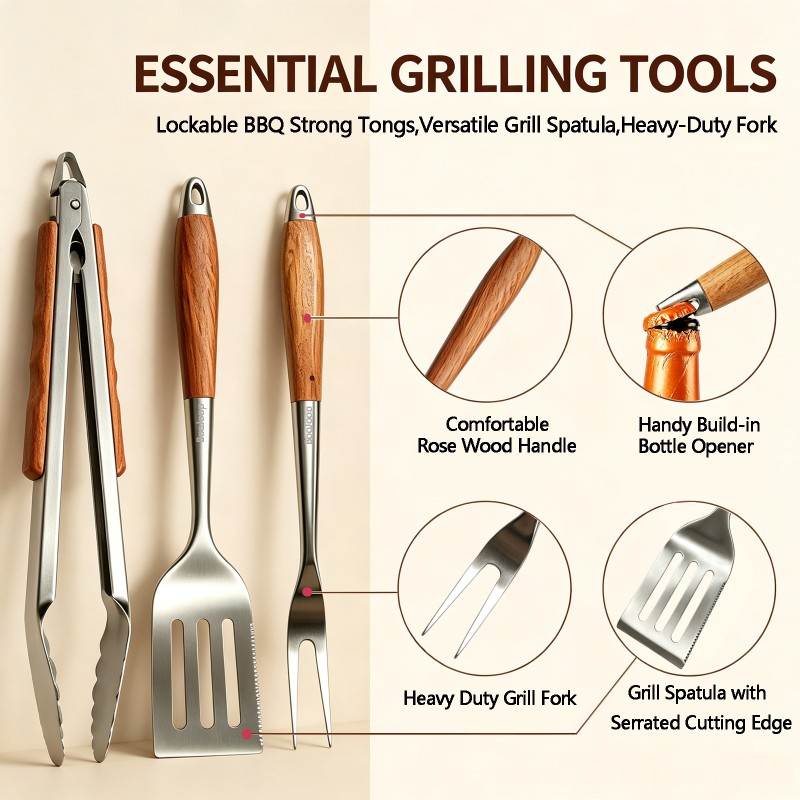 BooJoop 15 Pcs BBQ Tools Set, 17" Heavy Duty Stainless Steel&Rose Wooden Handle Grilling Accessories Grill Tongs&Spatula&Fork