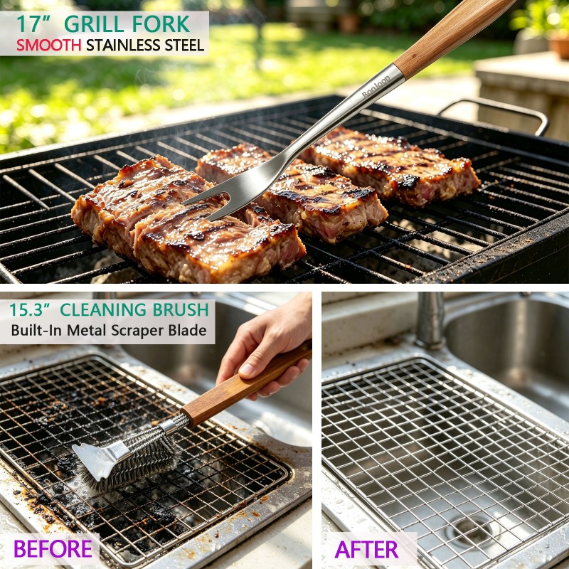 BooJoop 15 Pcs BBQ Tools Set, 17" Heavy Duty Stainless Steel&Rose Wooden Handle Grilling Accessories Grill Tongs&Spatula&Fork