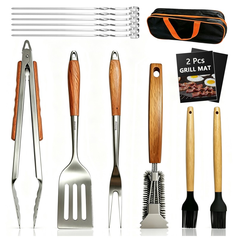 BooJoop 15 Pcs BBQ Tools Set, 17" Heavy Duty Stainless Steel&Rose Wooden Handle Grilling Accessories Grill Tongs&Spatula&Fork