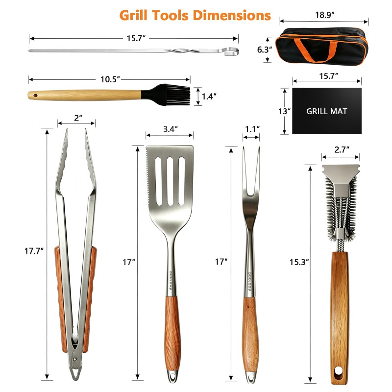 BooJoop 15 Pcs BBQ Tools Set, 17" Heavy Duty Stainless Steel&Rose Wooden Handle Grilling Accessories Grill Tongs&Spatula&Fork