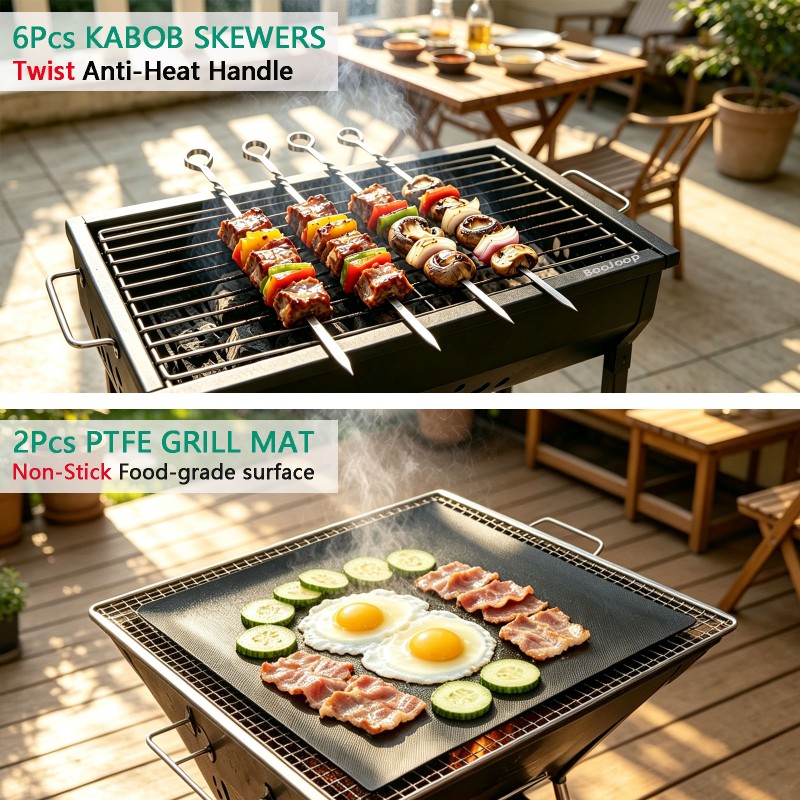 BooJoop 15 Pcs BBQ Tools Set, 17" Heavy Duty Stainless Steel&Rose Wooden Handle Grilling Accessories Grill Tongs&Spatula&Fork