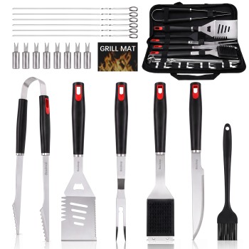 BooJoop 21 Pcs Barbecue Tool Set,16" Grilling Utensils Set,ABS Handle Grill Accessories  includes  Tongs,Spatula, Fork, Cleaning & Basting Brush,Skewers,Corn Holders,Grill Mat