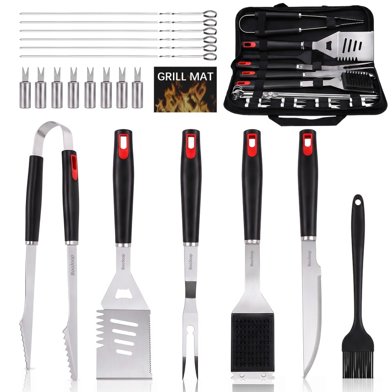 BooJoop 21 Pcs Barbecue Tool Set,16" Grilling Utensils Set,ABS Handle Grill Accessories  includes  Tongs,Spatula, Fork, Cleaning & Basting Brush,Skewers,Corn Holders,Grill Mat