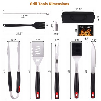 BooJoop 21 Pcs Barbecue Tool Set,16" Grilling Utensils Set,ABS Handle Grill Accessories  includes  Tongs,Spatula, Fork, Cleaning & Basting Brush,Skewers,Corn Holders,Grill Mat