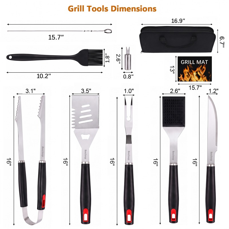 BooJoop 21 Pcs Barbecue Tool Set,16" Grilling Utensils Set,ABS Handle Grill Accessories  includes  Tongs,Spatula, Fork, Cleaning & Basting Brush,Skewers,Corn Holders,Grill Mat