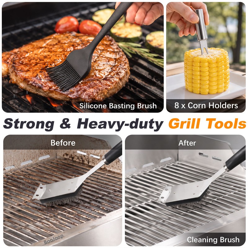 BooJoop 21 Pcs Barbecue Tool Set,16" Grilling Utensils Set,ABS Handle Grill Accessories  includes  Tongs,Spatula, Fork, Cleaning & Basting Brush,Skewers,Corn Holders,Grill Mat
