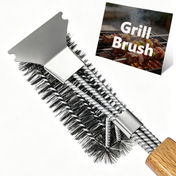BooJoop Heavy-Duty 16“ BBQ Grill Cleaning Brush with Wooden Handle & Scraper