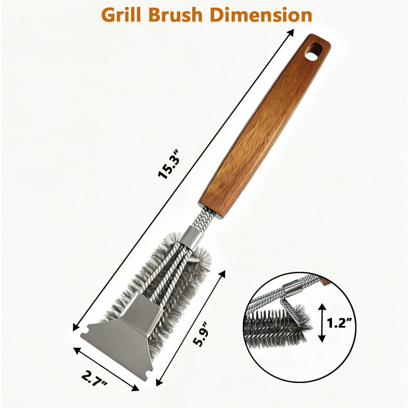 BooJoop Heavy-Duty 16“ BBQ Grill Cleaning Brush with Wooden Handle & Scraper