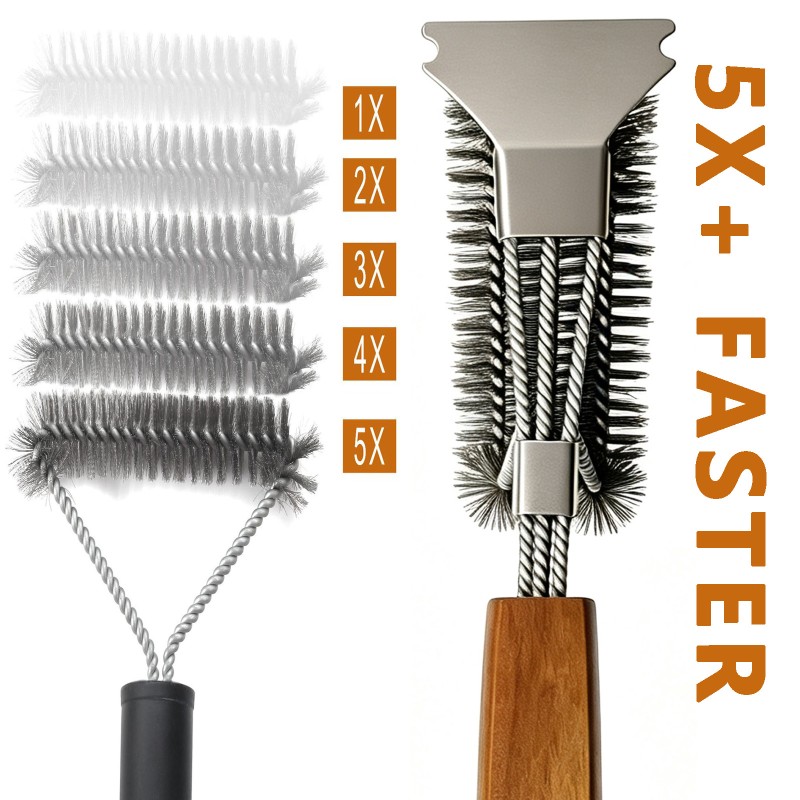 BooJoop Heavy-Duty 16“ BBQ Grill Cleaning Brush with Wooden Handle & Scraper