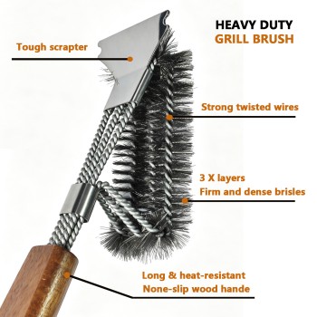 BooJoop Heavy-Duty 16“ BBQ Grill Cleaning Brush with Wooden Handle & Scraper