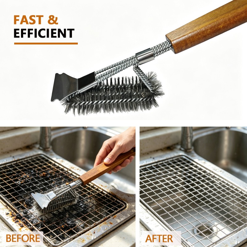 BooJoop Heavy-Duty 16“ BBQ Grill Cleaning Brush with Wooden Handle & Scraper