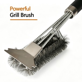 BooJoop Grill Brush with Stainless Steel Scraper,18'' ABS Handle Grill Cleaner, Heavy-Duty BBQ Bristle Scrubbers