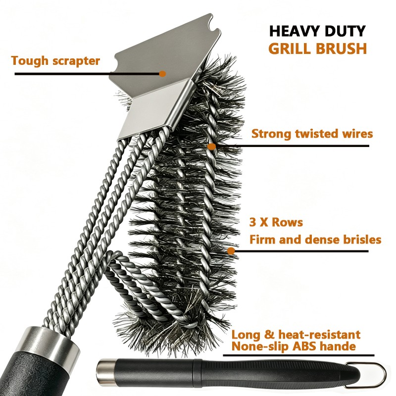 BooJoop Grill Brush with Stainless Steel Scraper,18'' ABS Handle Grill Cleaner, Heavy-Duty BBQ Bristle Scrubbers