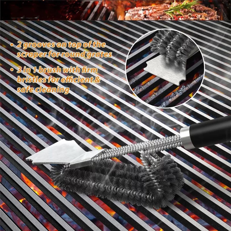 BooJoop Grill Brush with Stainless Steel Scraper,18'' ABS Handle Grill Cleaner, Heavy-Duty BBQ Bristle Scrubbers