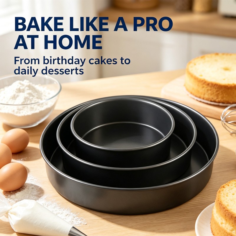 BooJoop 3-Piece Non-Stick Round Cake Pan Set for Baking & Tiered Cakes includes 6" 8" 10"