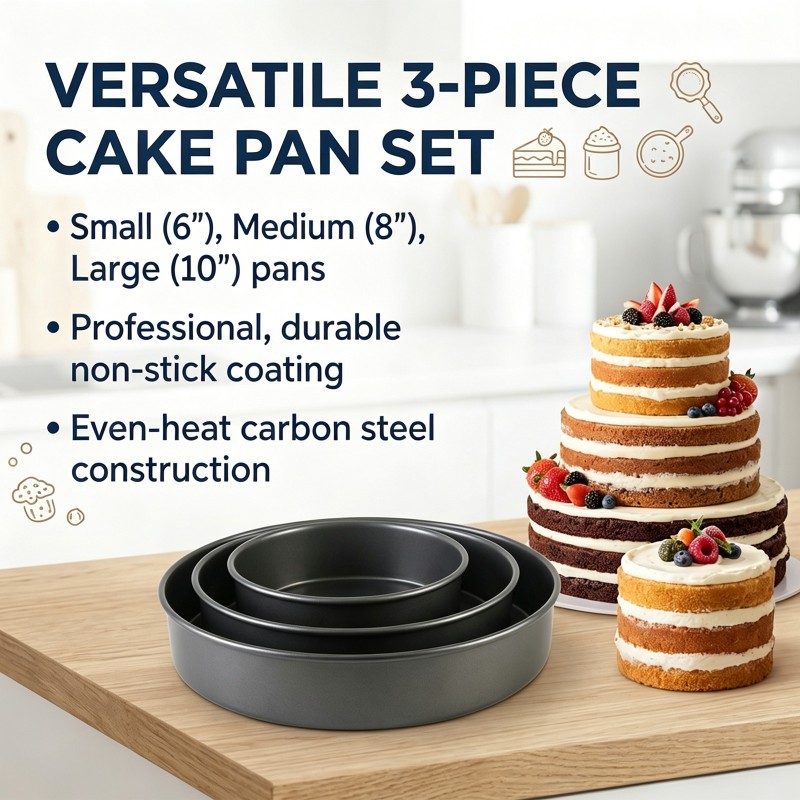 BooJoop 3-Piece Non-Stick Round Cake Pan Set for Baking & Tiered Cakes includes 6" 8" 10"