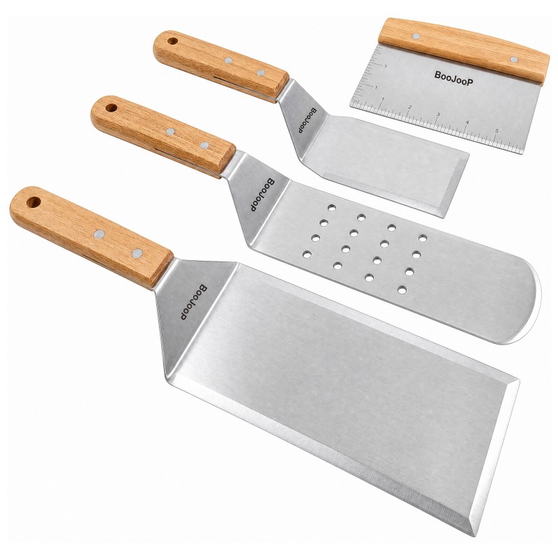 BooJoop 4-Piece Heavy-Duty Griddle Spatula Set Griddle Accessories with Pancake Flipper Hamburger Turner Bench Scraper