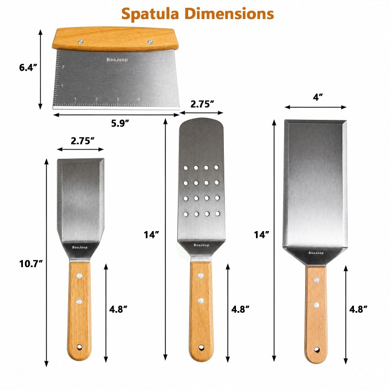 BooJoop 4-Piece Heavy-Duty Griddle Spatula Set Griddle Accessories with Pancake Flipper Hamburger Turner Bench Scraper
