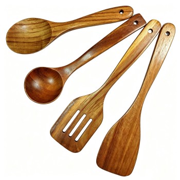 Natural Acacia Wood Kitchen Utensils Set of 4, Wooden Cooking Spoons & Spatulas for Non‑stick Cookware