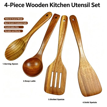 Natural Acacia Wood Kitchen Utensils Set of 4, Wooden Cooking Spoons & Spatulas for Non‑stick Cookware